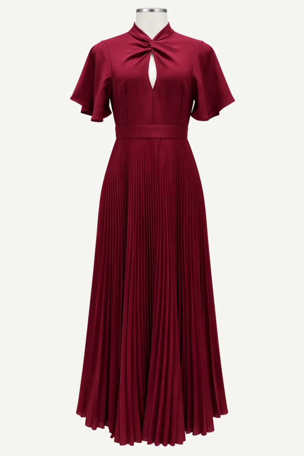 Burgundy Keyhole-Neck Pleated Midi Dress — main garment view