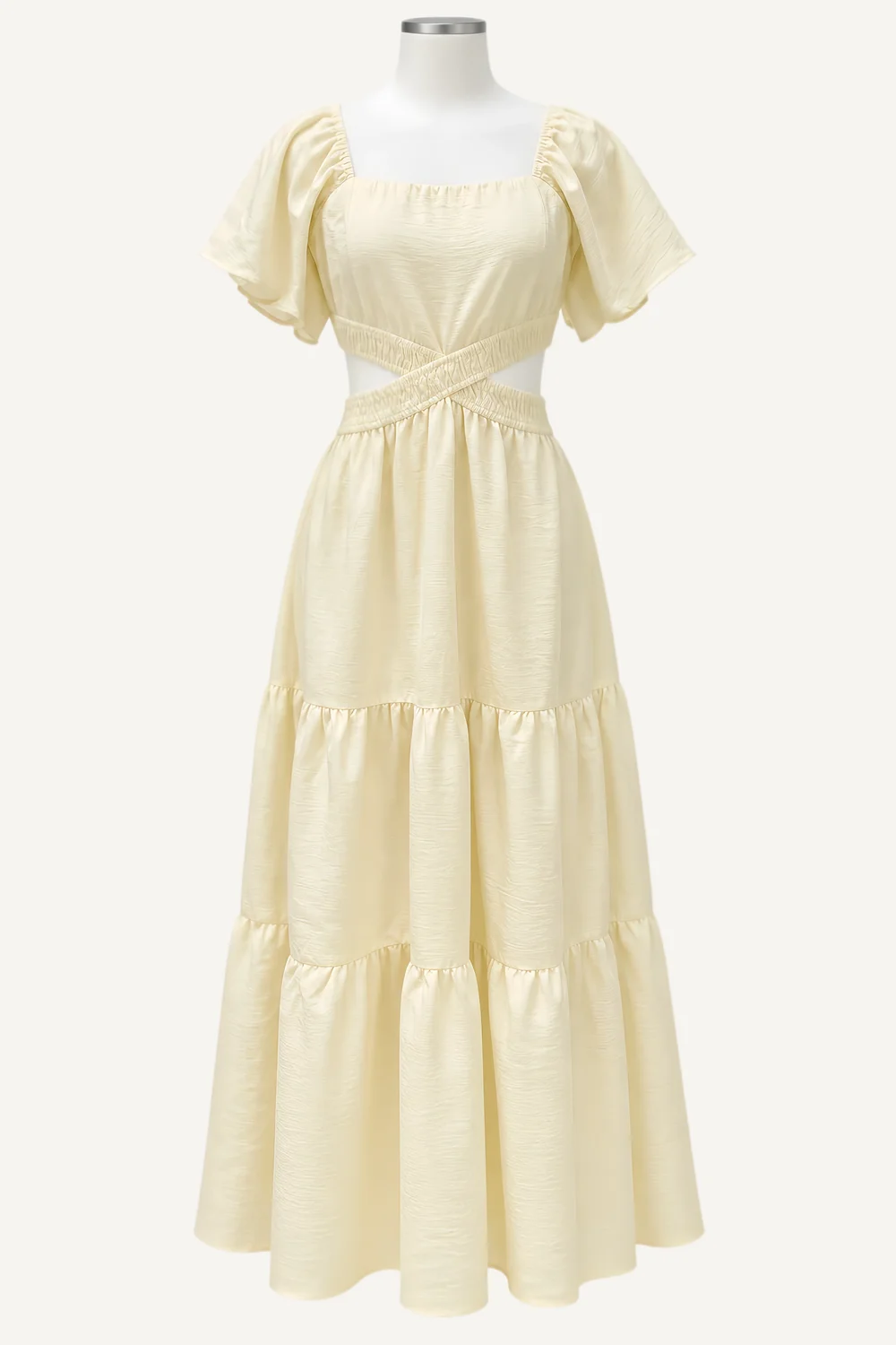 Cream Puff-Sleeve Cut-Out Tiered Midi Dress — main garment view