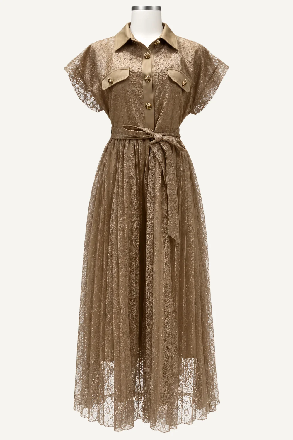 Taupe Lace-Look Belted Midi Shirt Dress — main garment view
