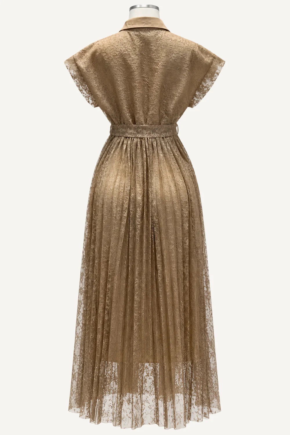Taupe Lace-Look Belted Midi Shirt Dress — additional garment view
