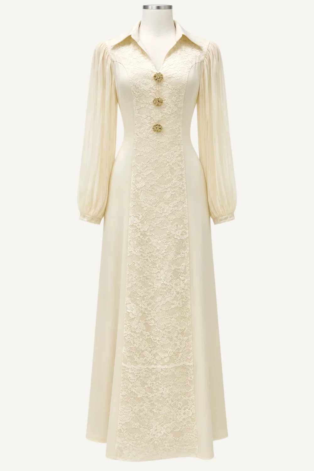 Cream Collared Lace-Panel Maxi Dress — main garment view