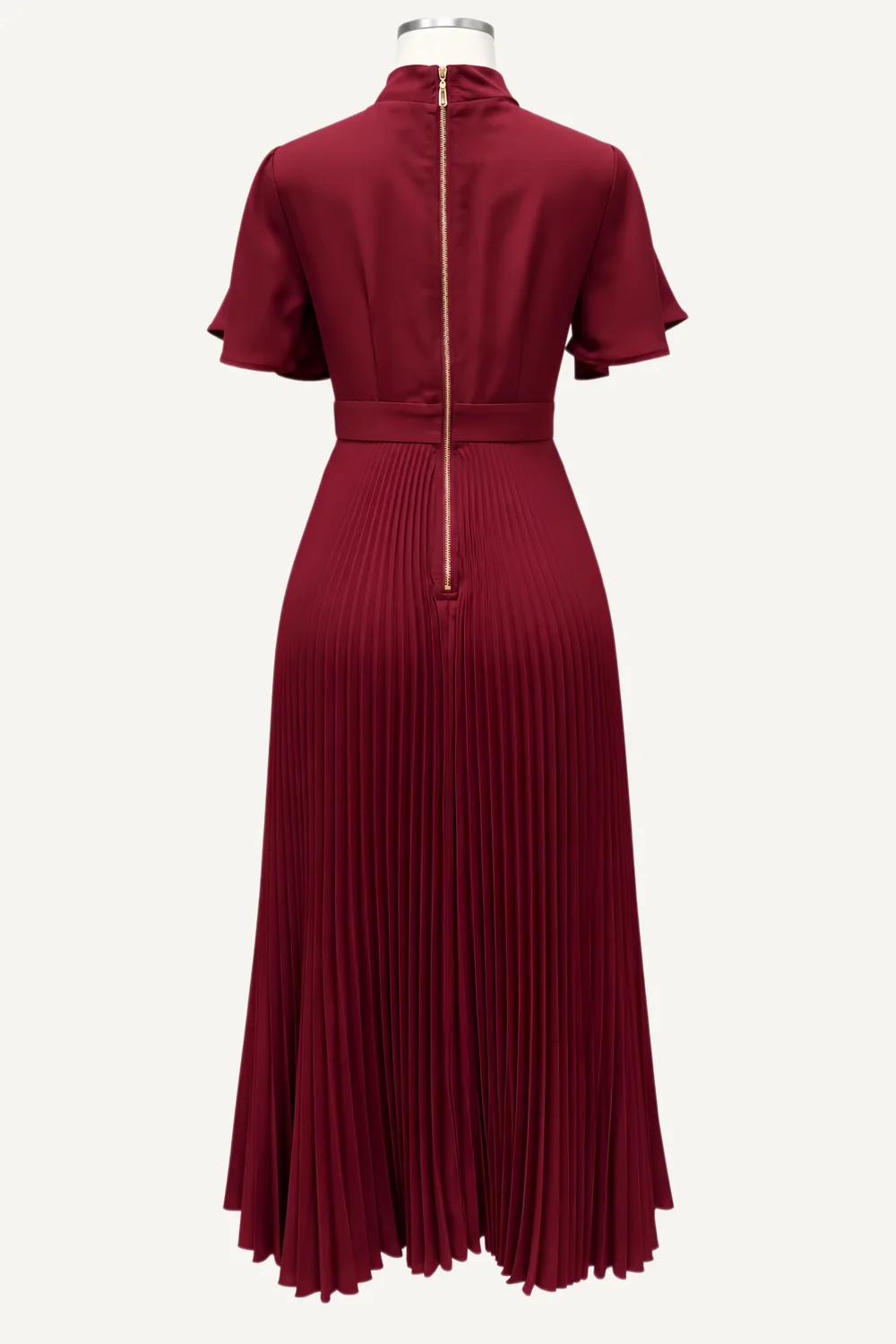 Burgundy Keyhole-Neck Pleated Midi Dress — additional garment view