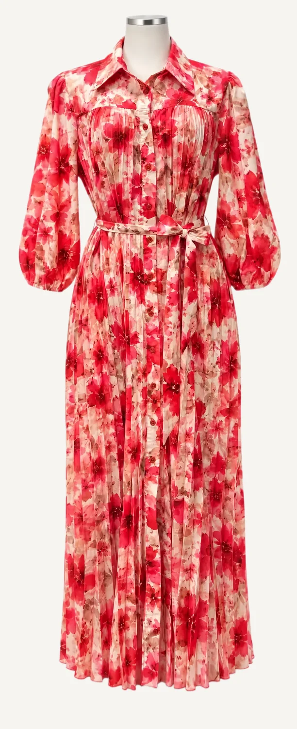 Red Floral Belted Maxi Shirt Dress — main garment view