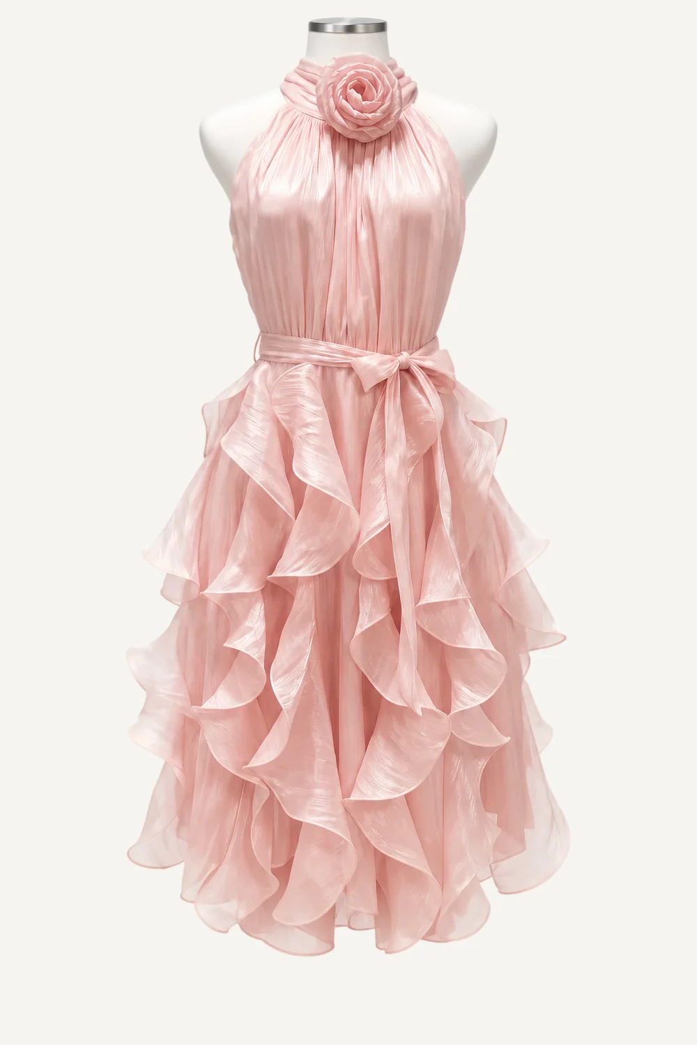 Blush Rosette Halter Ruffle Midi Dress — main garment view