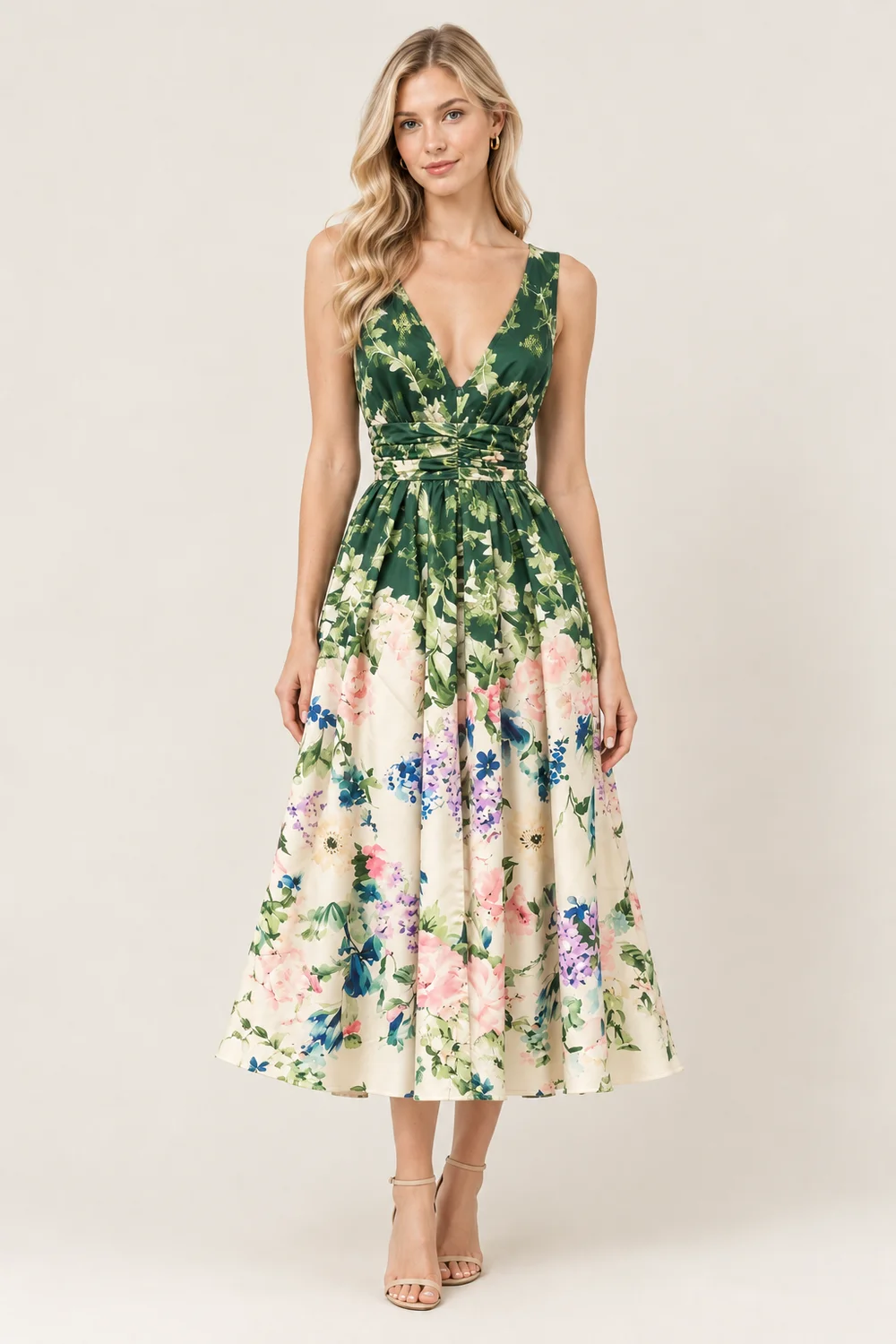 Green Botanical V-Neck Midi Dress — model view