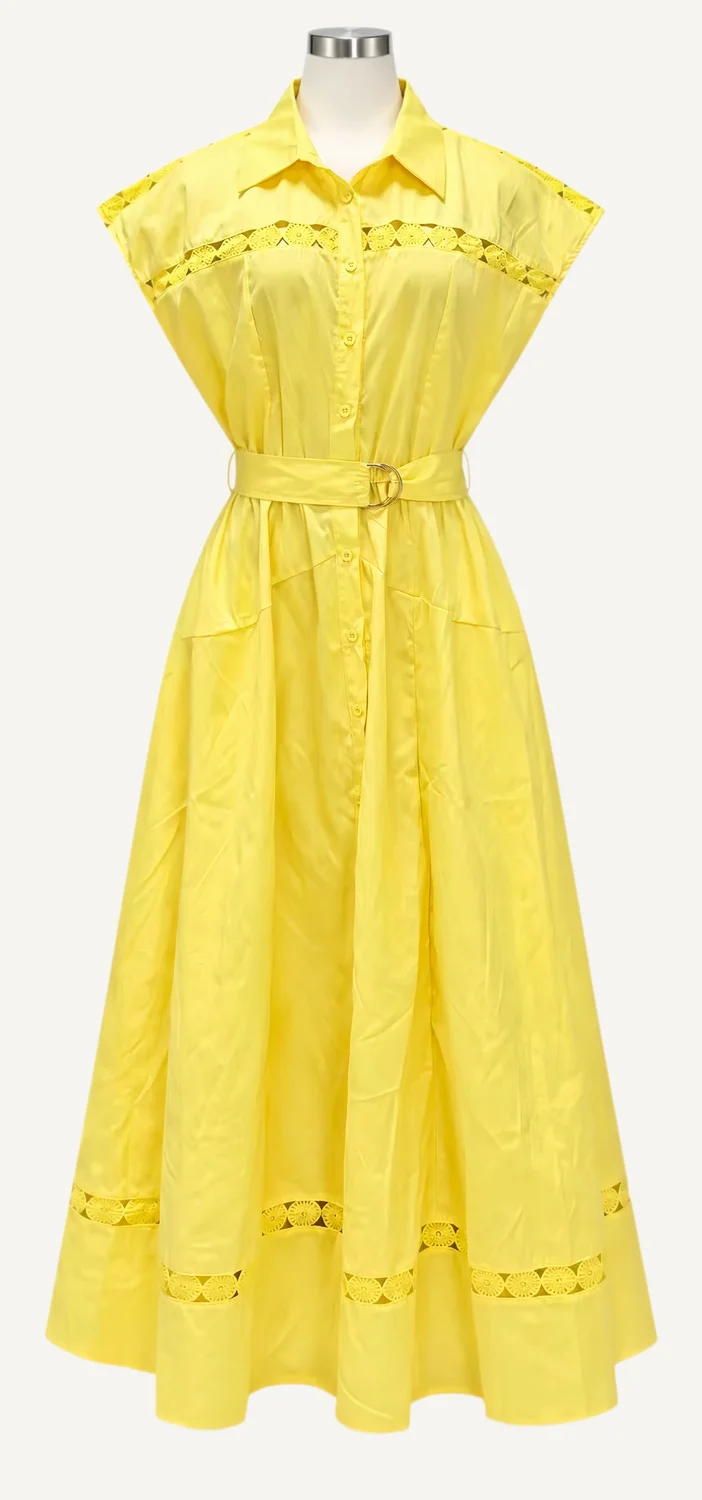 Yellow Lace-Insert Belted Midi Shirt Dress — main garment view
