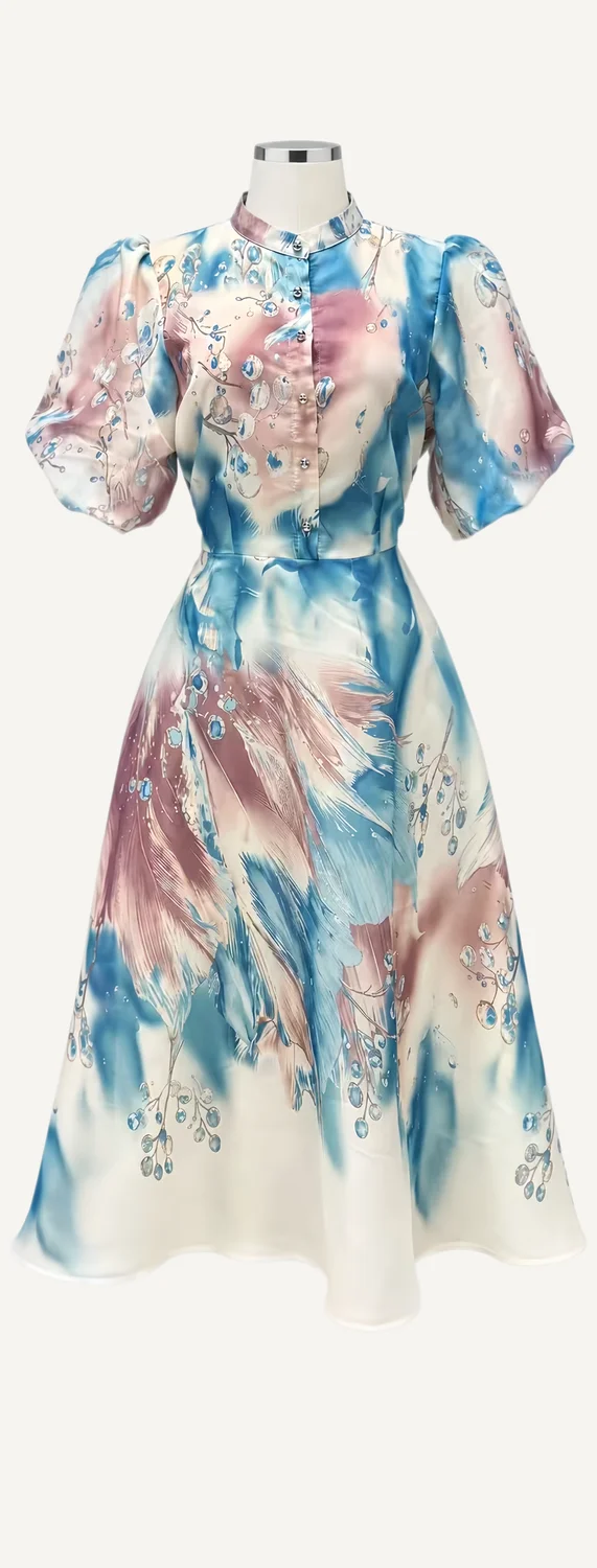 Watercolour-Print Puff-Sleeve Midi Dress — main garment view