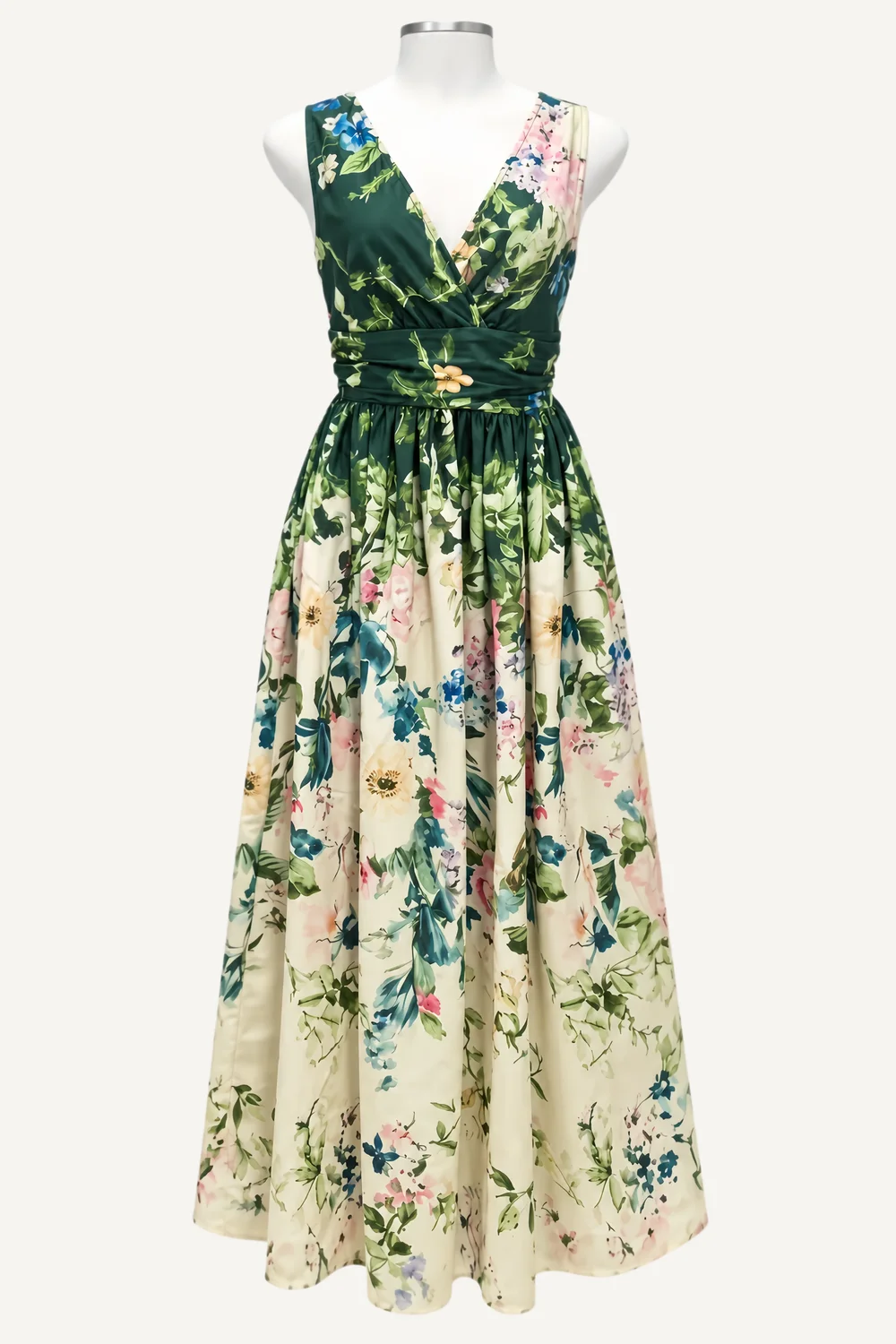 Green Botanical V-Neck Midi Dress — main garment view