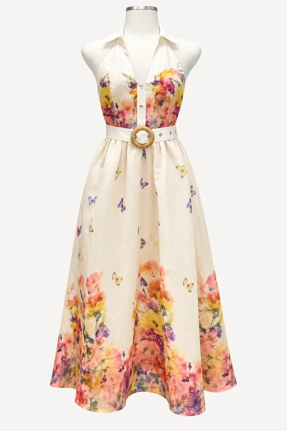 Cream Floral-Border Belted Midi Shirt Dress — main garment view