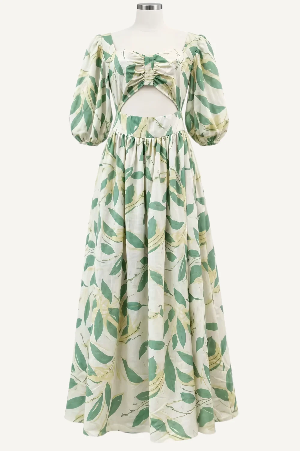 Green Leaf-Print Puff-Sleeve Maxi Dress — main garment view