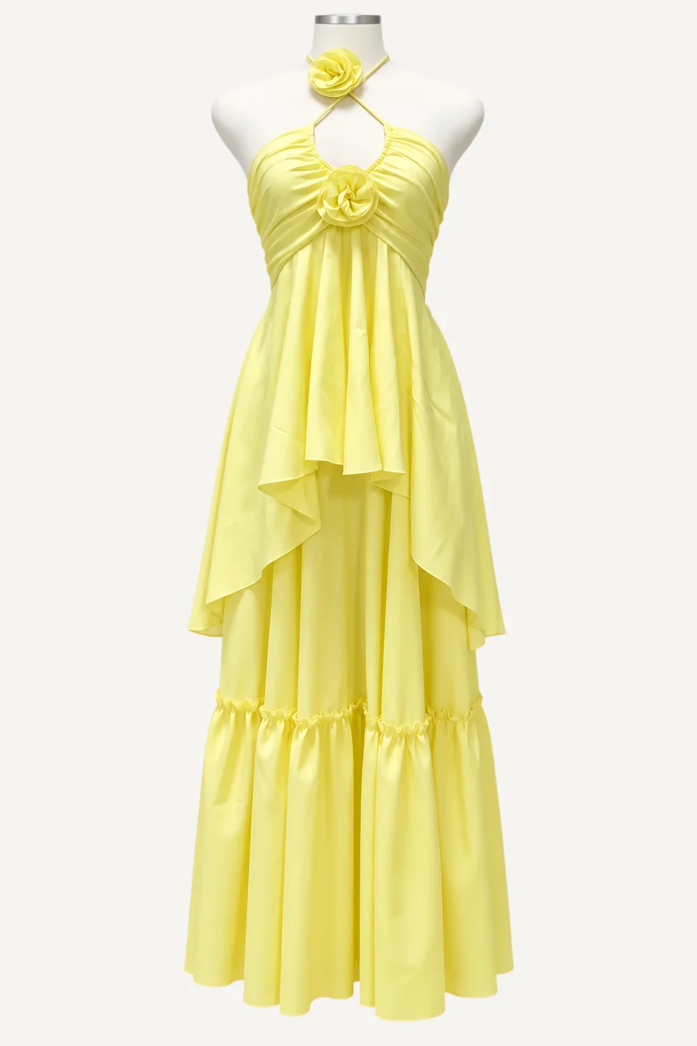 Yellow Rosette Halter Layered Maxi Dress — main garment view