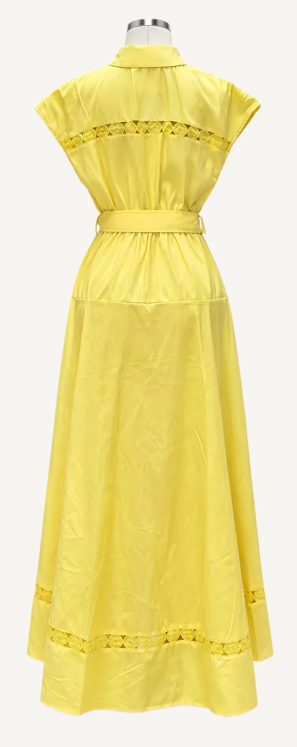 Yellow Lace-Insert Belted Midi Shirt Dress — additional garment view