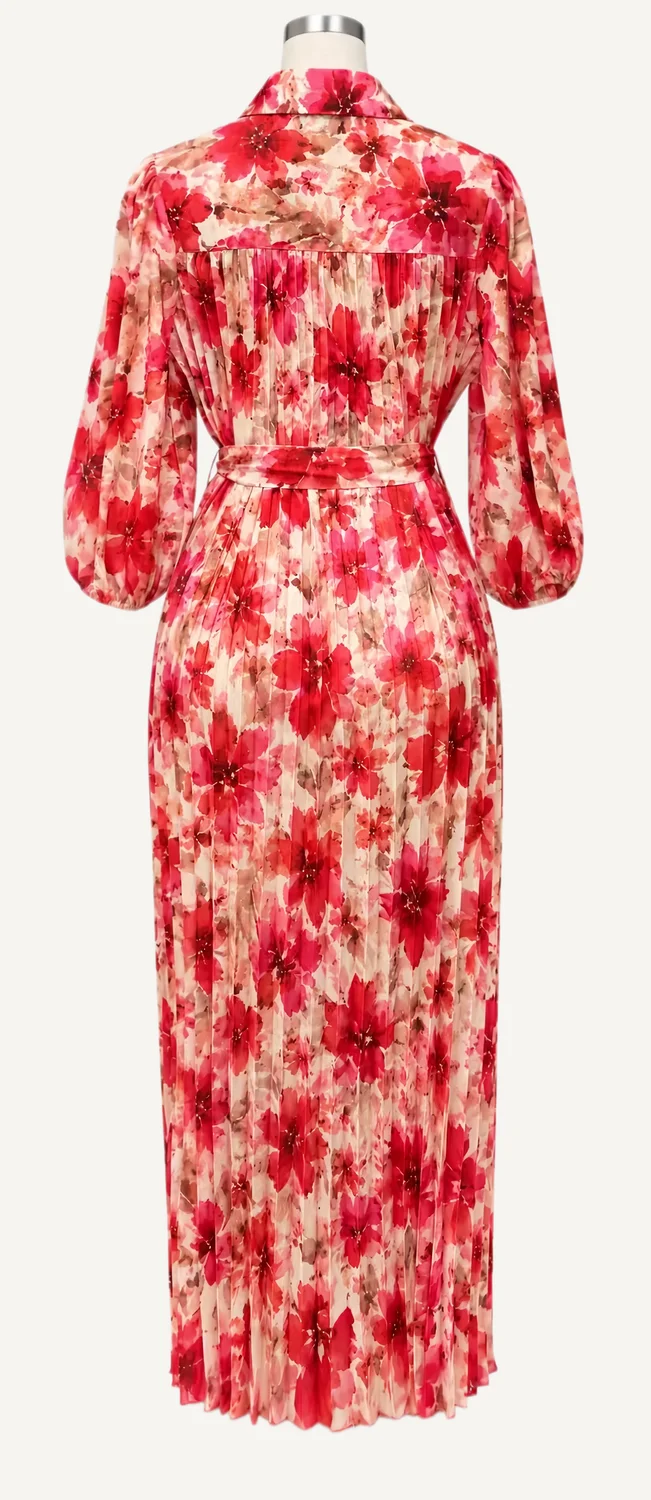 Red Floral Belted Maxi Shirt Dress — additional garment view
