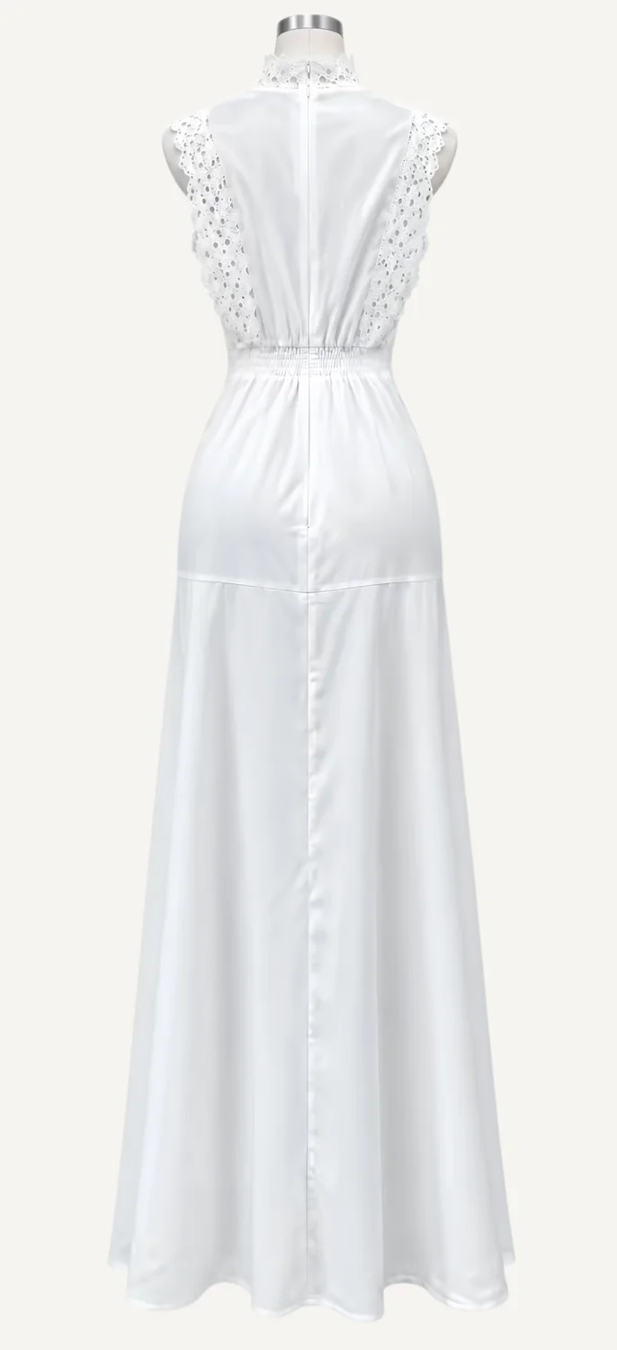 White Lace-Insert Sleeveless Maxi Dress — main garment view