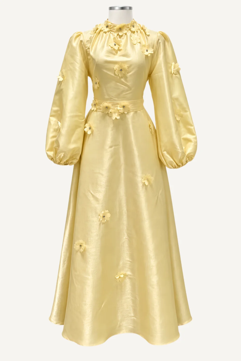 Gold Appliqué Balloon-Sleeve Midi Dress — main garment view