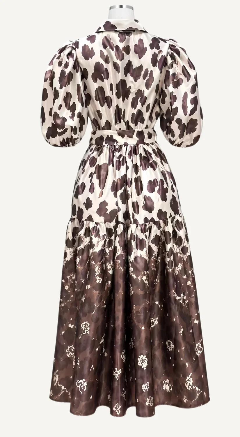 Leopard-Print Puff-Sleeve Midi Shirt Dress — main garment view