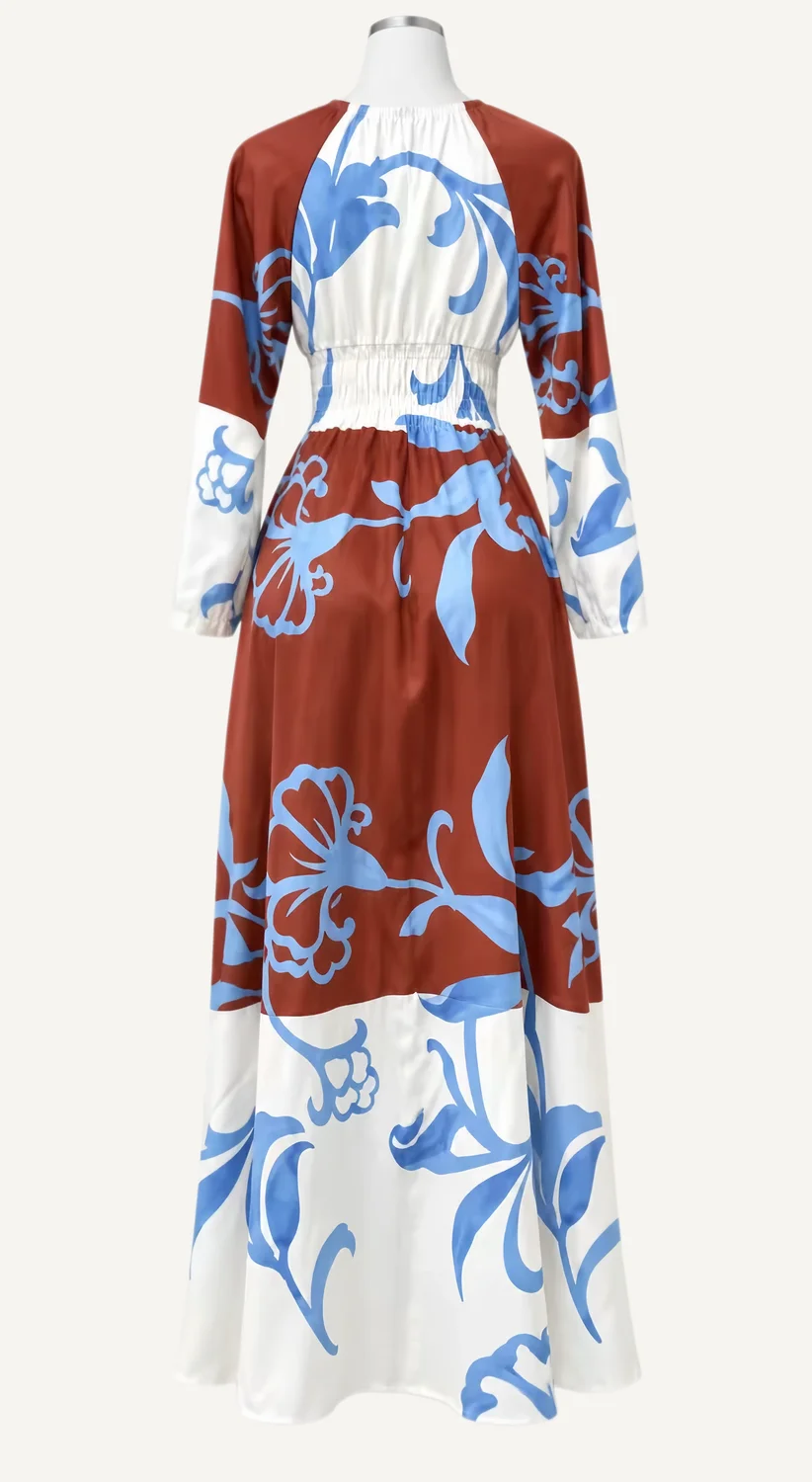 Rust & Blue Botanical Midi Shirt Dress — main garment view