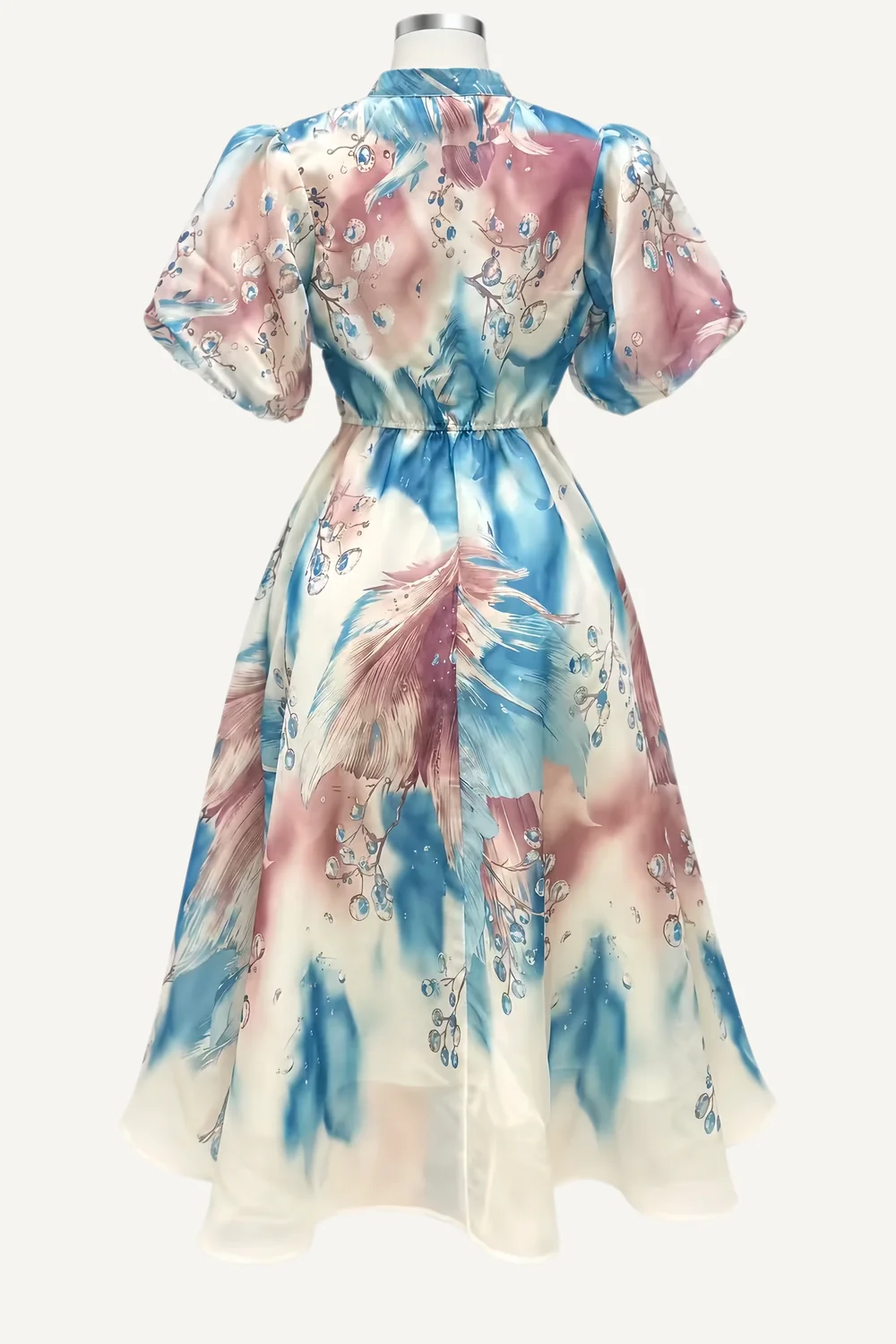 Watercolour-Print Puff-Sleeve Midi Dress — additional garment view