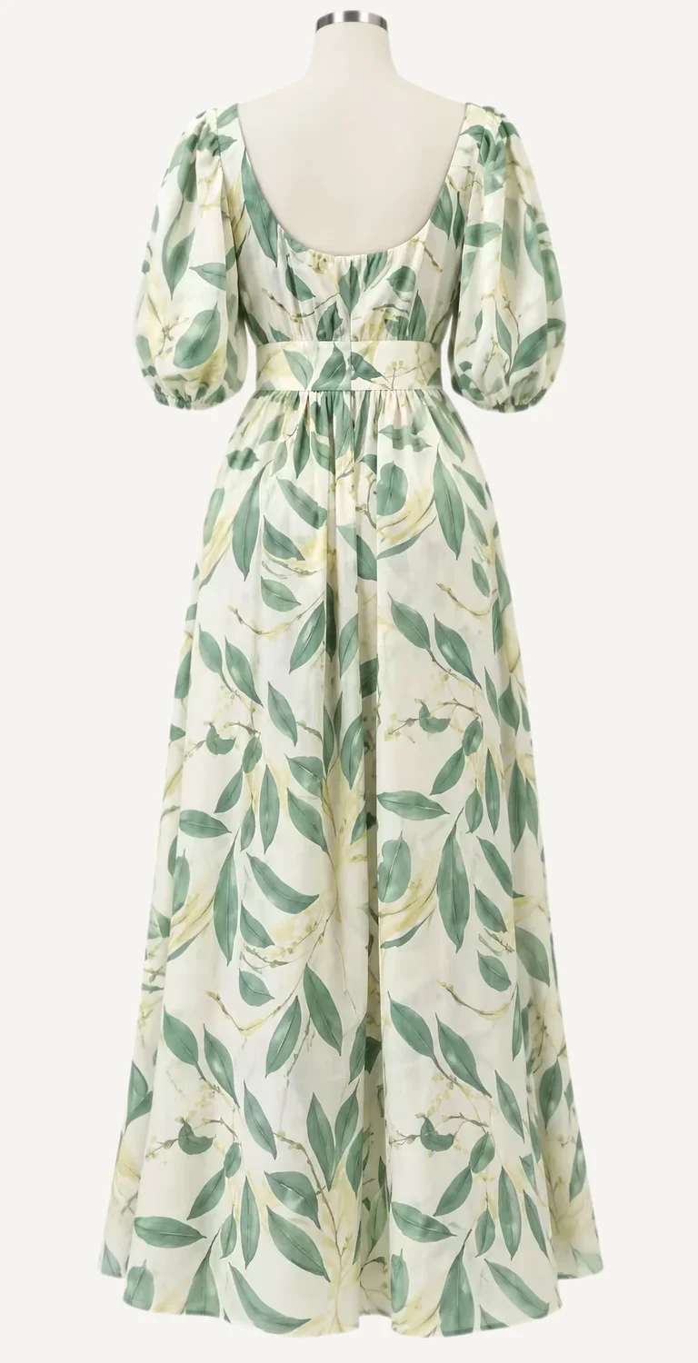 Green Leaf-Print Puff-Sleeve Maxi Dress — additional garment view