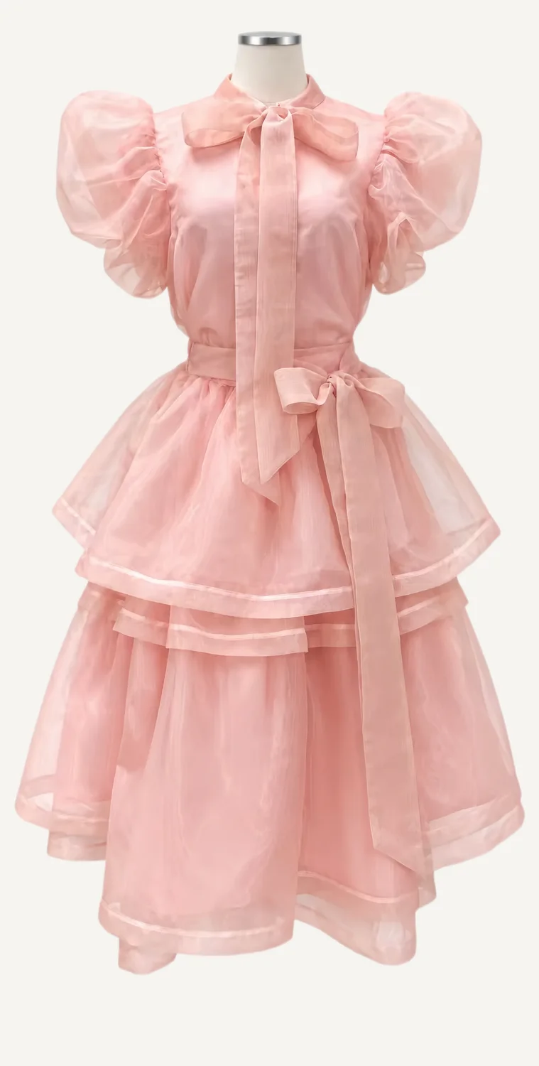 Pink Bow-Neck Puff-Sleeve Tiered Dress — main garment view