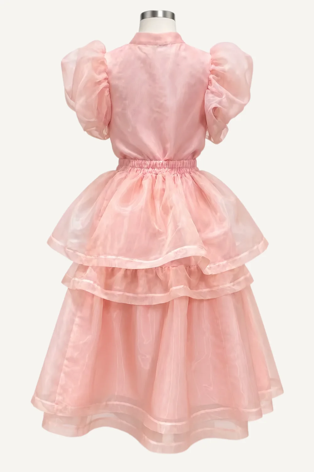 Pink Bow-Neck Puff-Sleeve Tiered Dress — additional garment view
