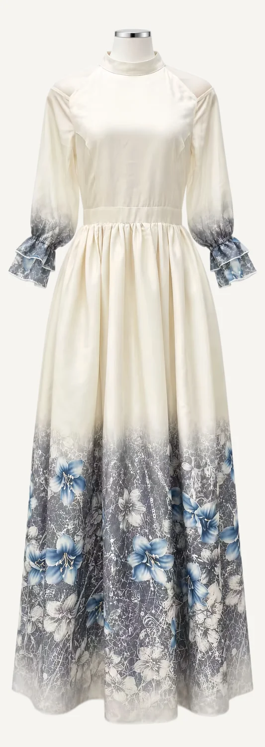 Ivory & Navy Border-Print Long-Sleeve Midi Dress — main garment view